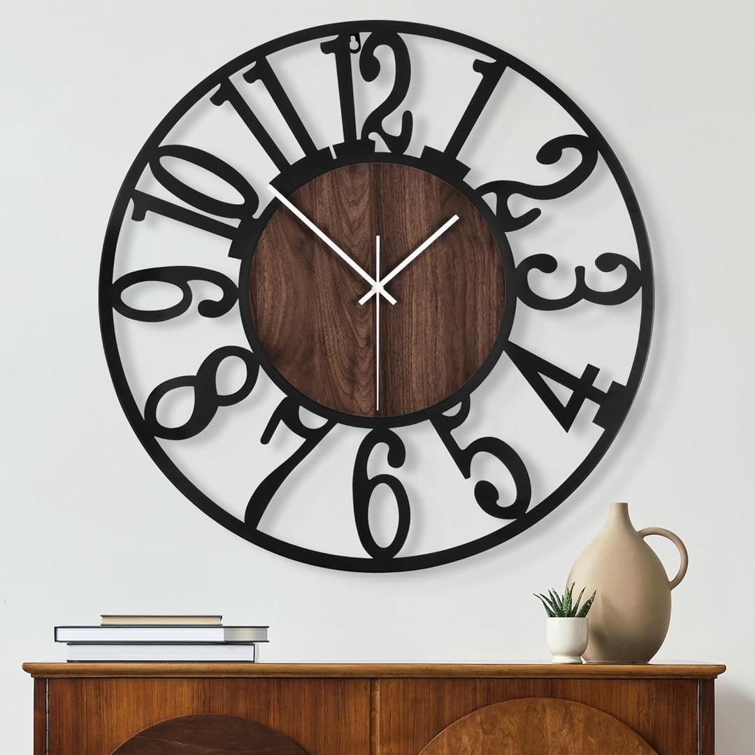 Maxstar Round Wall Clock for Living Room Decor Battery Operated Non Ticking Black Metal Wood Clocks for Home Living Room Garden Office Kitchen Decoration -16 inch (Black-arabic Numerals)