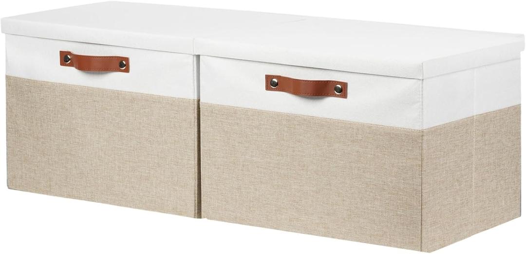 DULLEMELO Large Closet Storage Baskets with Lids 2-Pack, Storage Boxes Organizer Containers Baskets with Cover for Bedroom Closet Office Nursery (White & Khaki - 17"*12"*12")