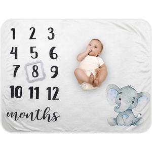 Baby Monthly Milestone Blanket - Organic Plush Fleece Photography Background Prop for Boy Girl Newborn Soft Elephant Blanket with Frame Large 47''x40''