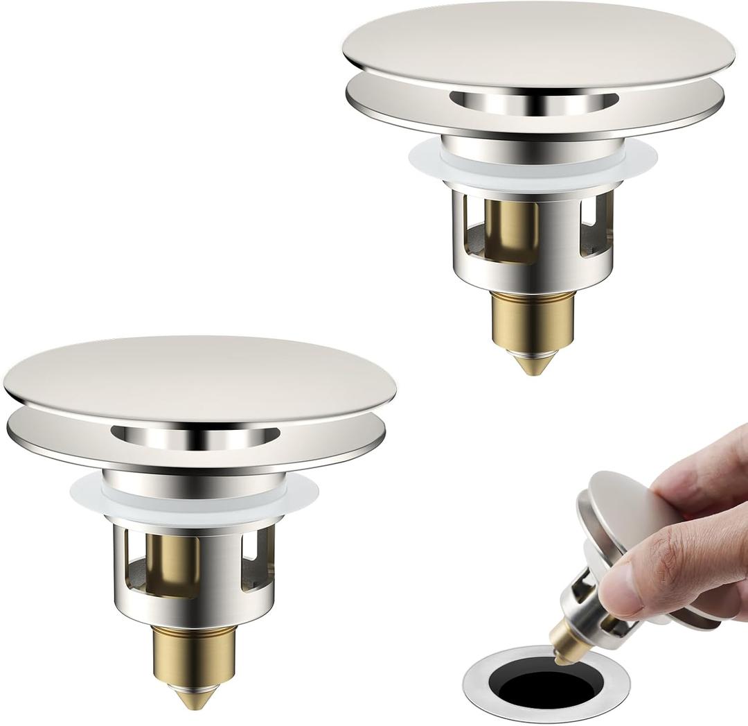 Universal 2PCS Bathroom Sink Stopper 2 in 1 Pop Up Metal Sink Drain Strainer with Hair Catcher, Fit for 1.1~2.36" Sink Basin Hole, Big Cover Cap, Anti-clog, Brushed Nickel