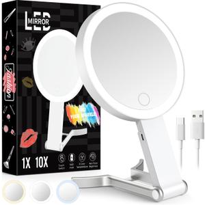 Travel Makeup Mirror with Lights, Lightened 10X/1X Double Sided Magnifying Mirror with 3 Colors, Brightness Adjustable Portable LED Mirror Gifts for Her Women Girls (White)