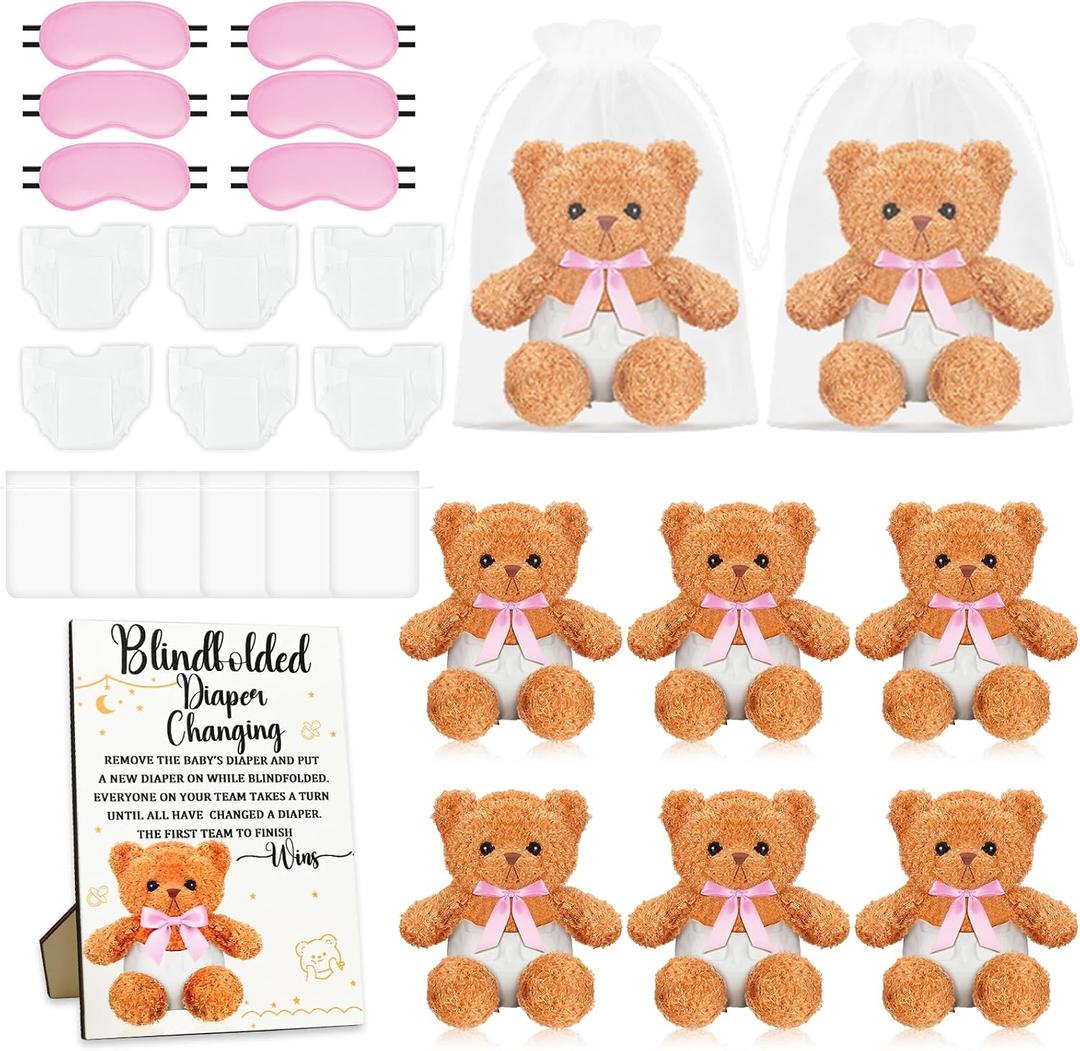 25 Pack Baby Shower Games Blindfold Diaper Changing Kit - 12 Inch Bear Dolls with Diapers, Fun Bridal Shower & Gender Reveal Games Supplies, Group Activity for Adults(Pink)