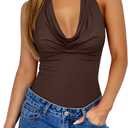 REORIA Womens Sexy Cowl Neck Halter Body Suits Summer Open Back Bodysuit Tank Tops