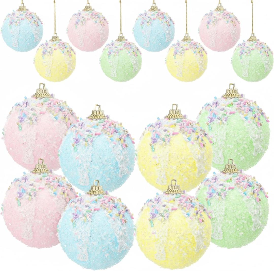 DEEKIN 12 Pack 2.36 Inch Pastel Christmas Ornament Set, Pastel Candy Ornaments for Christmas Tree Colorful Pink Blue Foam Gift with Glitter Sugar Decorations Balls for Holiday Birthday Home Decor