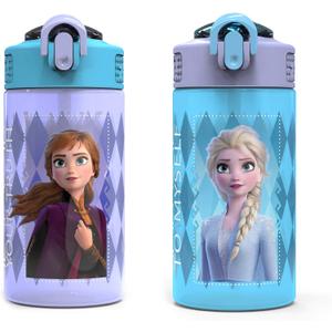 Zak Designs Disney Frozen 2 Kids Water Bottle with Spout Cover and Carrying Loop, Durable Plastic, Leak-Proof Water Bottle Design for Travel (16 oz, 2-Pack, Non-BPA, Elsa & Anna)