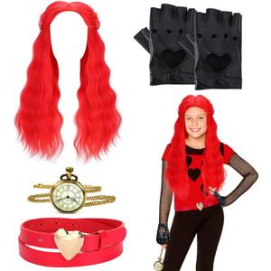 4 Pcs Red Halloween Women Costume Accessories Include Red Curly Wig Watch Belt Black Gloves for Girls Princess Cosplay Outfit