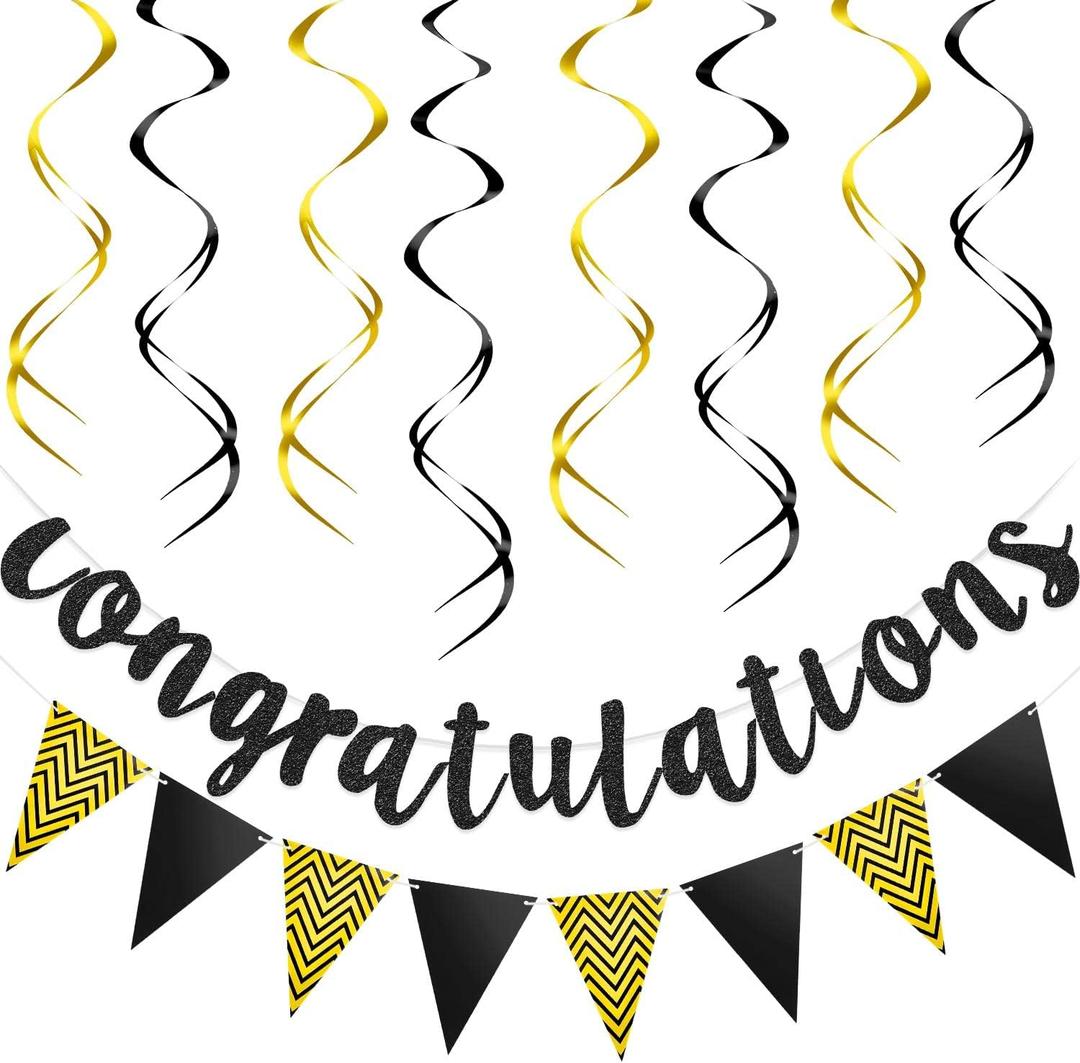 Pre-strung Glitter Congratulations Banner Triangle Flag Banner with 12 Pieces Hanging Swirls for Wedding Retirement Graduation Anniversary Party Decorations(Black, Gold)