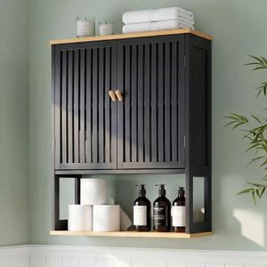 Bathroom Wall Cabinet with Bamboo Doors, 24 x 30 Inch, Black | Above-toilet medicine cabinet with an adjustable shelf, open bottom shelf, and French cleat mount.