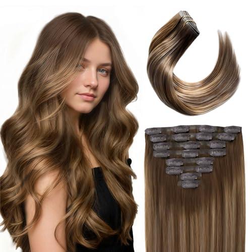 uMuse Seamless Clip In Hair Extensions Real Remy Human Hair, 18 Inch 120g 8pcs, Invisible PU Skin Weft, Balayage Chocolate Brown to Caramel Blonde, Straight Hair for Add Volume&Natural Blend