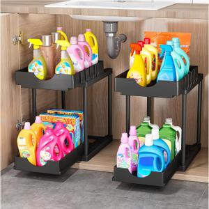 2 Pack Double Sliding Under Sink Organizers and Storage,Two Tier Bathroom Storage and organization,Under Cabinet Organizer with Hooks,Home Organization,Black