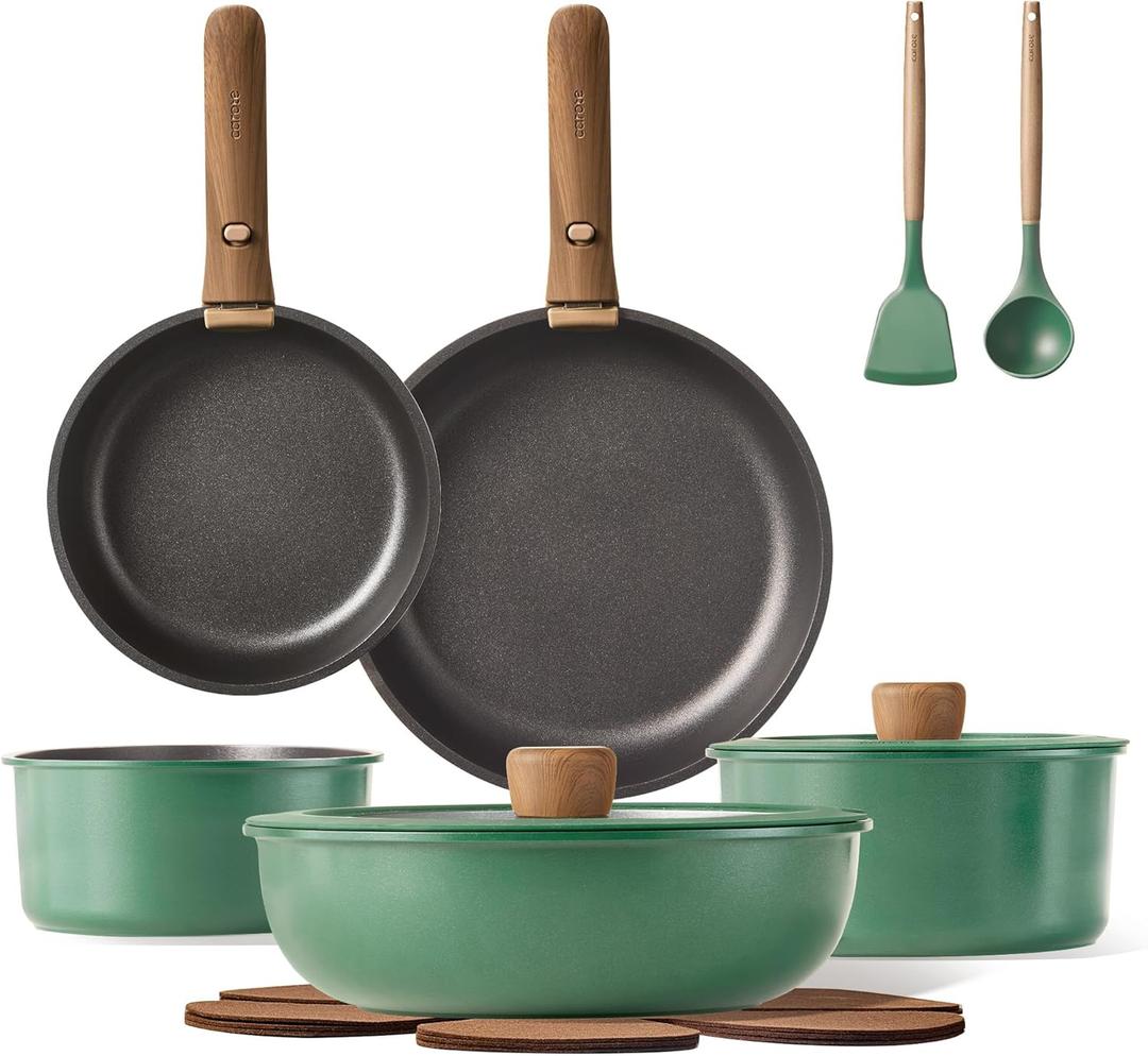 CAROTE 15pcs Pots and Pans Set, Nonstick Cookware Set Detachable Handle, Induction Kitchen Cookware Sets Non Stick with Removable Handle, RV Cookware Set, Oven Safe (Green)