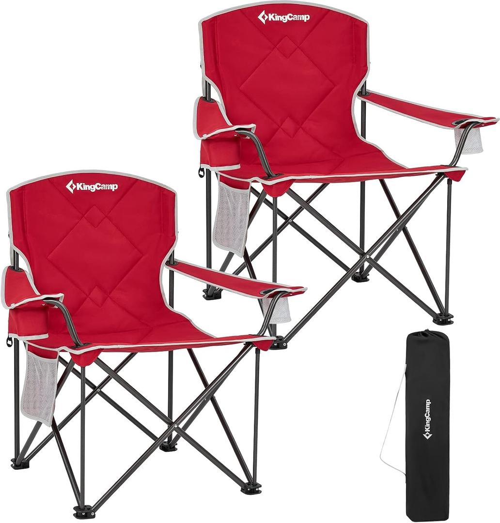 KingCamp 2pack Red Oversized Camping Chair with Cup Holder & 3 Storage Pockets - Heavy-Duty 360lbs Capacity Folding Lawn Chair, Portable Compact Foldable Outdoor Chair for Camping, Fishing, BBQ