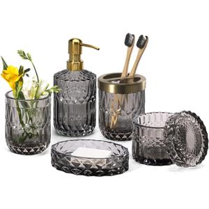 EMPO 6PCS Bathroom Clear Glass Accessories Set (Lotion Soap Dispenser, Soap Dish, Toothbrush Holder, Tumbler, Cotton Swab Jar) Contemporary Modern Decor Crystal Clear Vintage Gift (6pcs Gray)