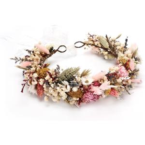 Handcrafted Dried Flower Crown, Natural Preserved Daisy Wreath Headband in Cream and Pink, Rustic Wedding Hair Garland for Kids and Flower Girls