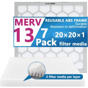 20x20x1 MERV 13 Air Filter,AC Furnace Air Filter,Reusable ABS Plastic Frame, 7 Pack Replaceable Filter Media (Actual Size: 19 3/4" x 19 3/4" x 3/4")