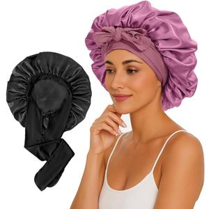 2 Pcs Large Satin Silk Bonnet for Sleeping Women, Adjustable Hair Bonnets for Sleeping with Tie Band, Silk Bonnet Sleep Cap for Curly Hair Long Braids (Black+Rose Pink)