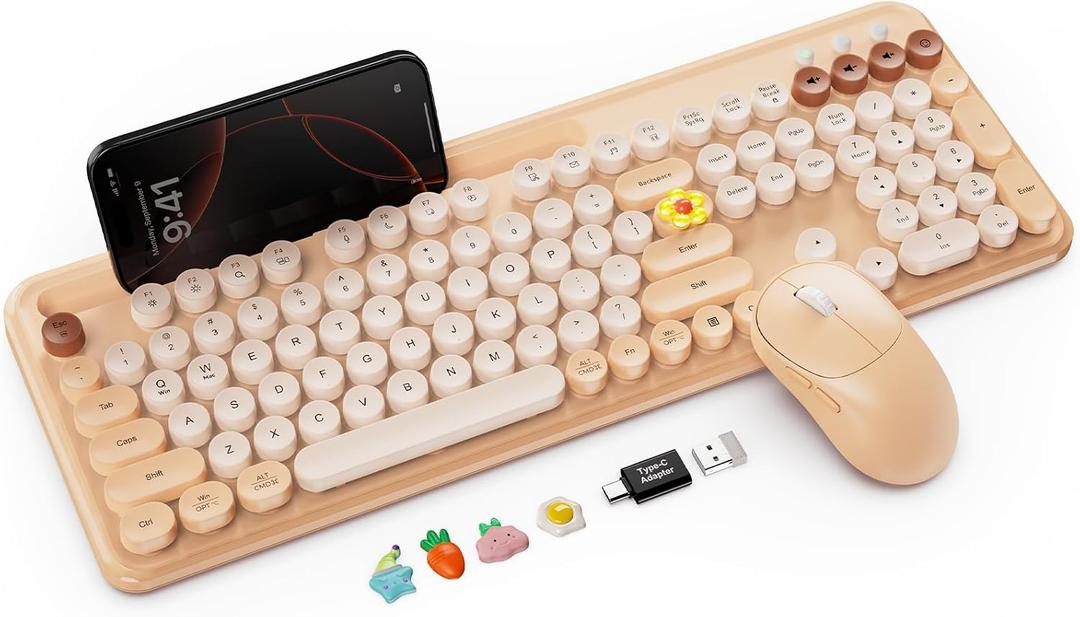 Wireless Keyboard and Mouse Combo with Retro Round Keycaps, Full-Size Cute Typewriter Keyboard with Large Phone/Tablet Holder, 2.4GHz Cordless for Mac, Windows PC, Laptop, Trueque CK13, Milk Tea Beige