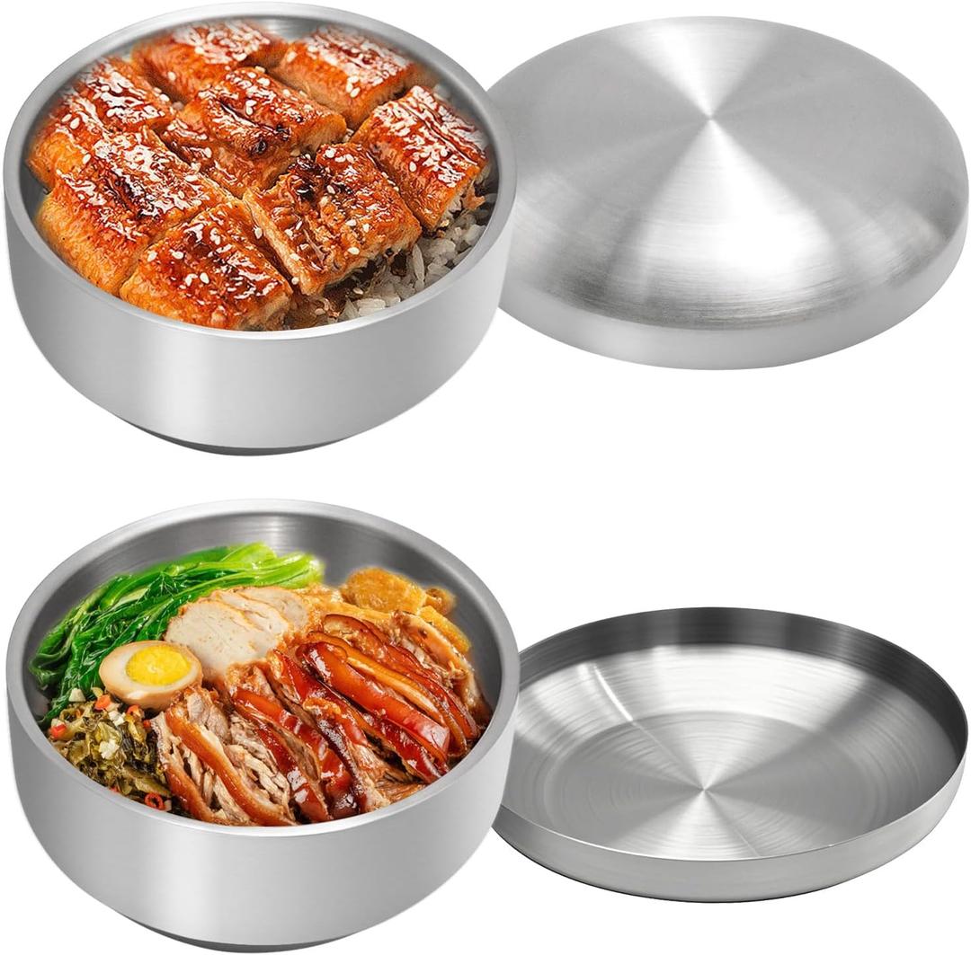 Stainless Steel Rice Bowl with Lid, Set of 2, for Korean Kitchen Restaurant, Double-walled Metal Bowls, Multi-Purpose Insulated Soup Bowls Snacks Bowls (13cm Silver)