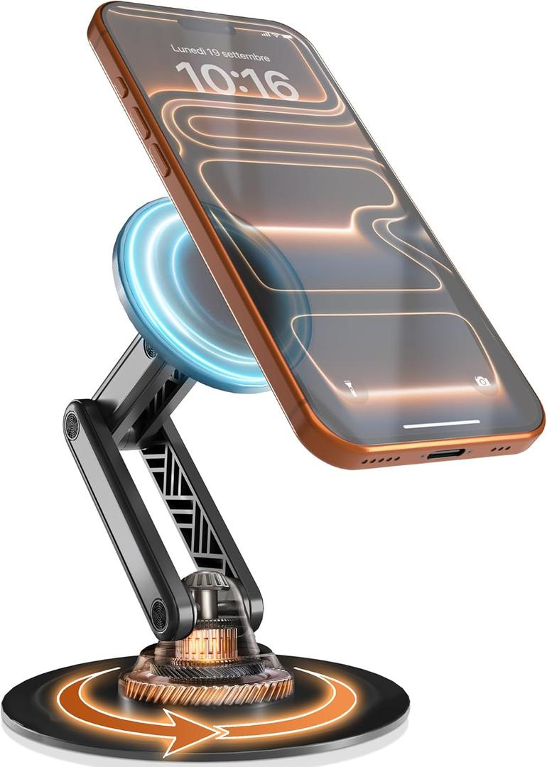 COOPER Mag360, Desktop MagSafe Stand for iPhone 17 Pro Max (16/15/14/13/12), Magnetic Phone Holder for Desk, 360 Rotating, Height Adjustable, Magnetic Phone Stand for Desk, with Metal Ring (Black)