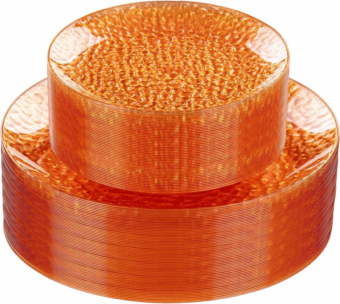 Rubtlamp 60Pcs Orange Plastic Plates, Orange Plastic Disposable Plates With Hammered Design, Party Platos Fancy Disposable Platos Include 30Dinner Plate,30Desssert Plate For Party