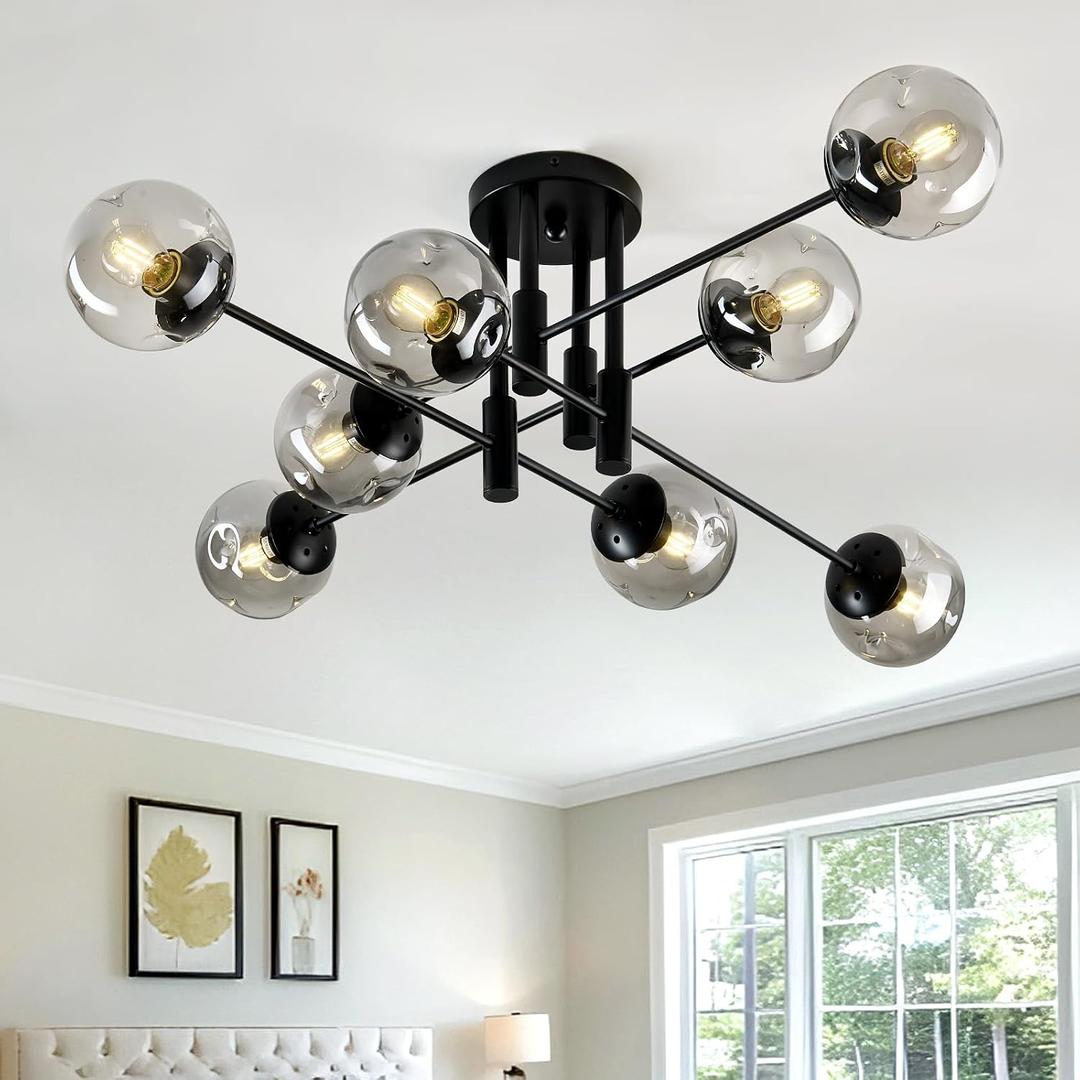 8 Light Glass Globe Ceiling Light Black Mid Century Flush Mount Sputnik Light Fixture Bubble Chandelier Living Room Farmhouse for Dining Room Kitchen Bedroom.