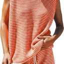 EXLURA Women's Sleeveless Sweater Set 2 Piece Outfits Striped Crewneck Knit Tank Tops and Shorts Summer Sporty Lounge Sets 2XL