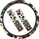 Coldinair Brown Cow Print Universal Car Steering Wheel Cover & Tribal Style Seat Belt Shoulder Pads Fit Most Cars,Truck SUV,Soft and Stretchy