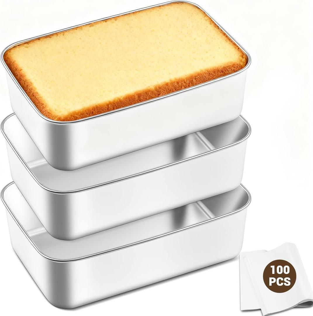 Bestdin 3 Pieces Rectangle Cake Pan Set - 8.7×5.7×2.4 inch, Stainless Steel Cake Pans with 100 Parchment Papers, Non-Stick & Rust proof Baking Pan for Cakes & Breads, Dishwasher & Oven Safe
