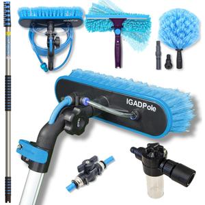 24ft IGADPole Washing Kit: Water-fed Brush, Cobweb Duster and 10 Squeegee and Soap Dispenser, with 6-Stage Telescoping Pole 5-24ft Pole