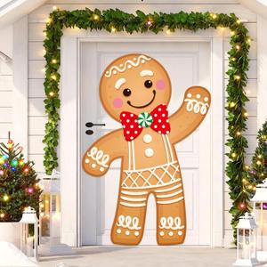 Panelee 70.8 Inch Christmas Gingerbread Man Backdrop Decorations Ginger Man Door Banner Cover Decor Photo Backdrop for Winter Xmas Indoor Outdoor Festive Holiday Party Decorations