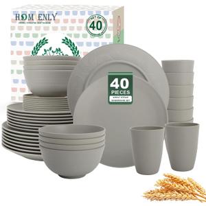 Homienly 40-Piece Wheat Straw Dinnerware Sets, Non Breakable Dinnerware, Cups, Plates and Bowls Sets for 8 - Microwave Dishwasher Freezer Safe, Grey