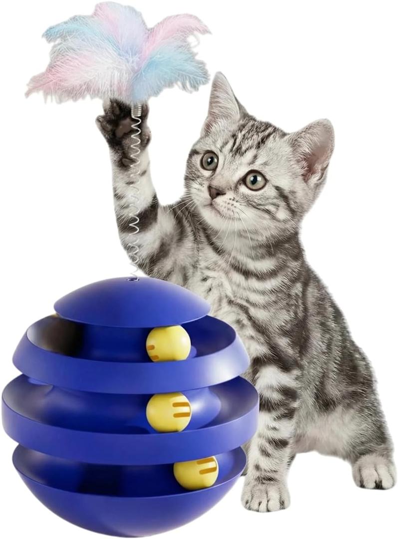 Interactive Cat Toy, Automatic Spinning Cat Toy for Indoor Cats, Engaging Kitten Toy with Feather for Exercise & Mental Stimulation, 3-Layer Cat Ball Track Durable Safe Toy to Reduce Boredom(Blue)