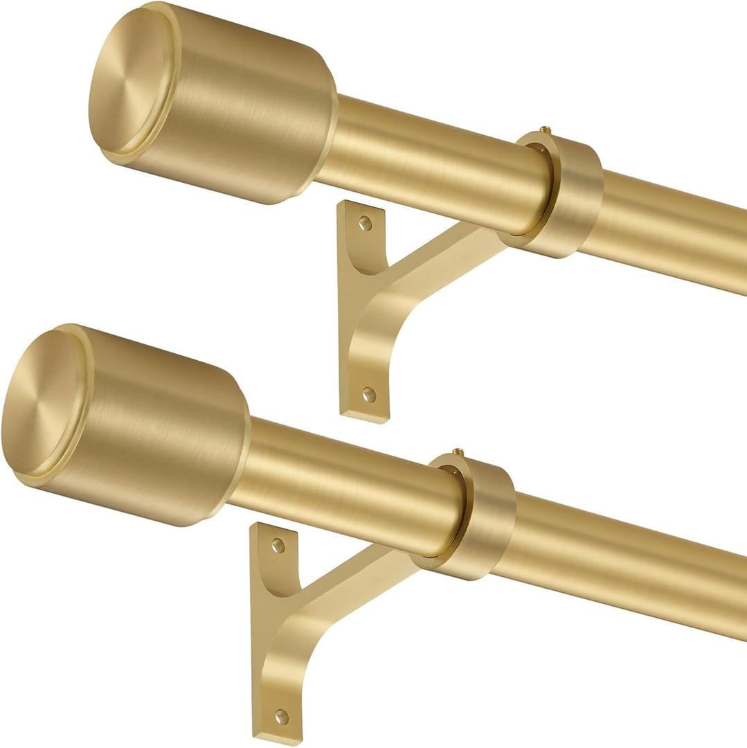 2 Pack Curtain Rods 72 to 144 Inch, Adjustable 1-Inch Window Curtain Rods, Heavy Duty Single Telescoping Drapery Rods with Cap Finials, Brass