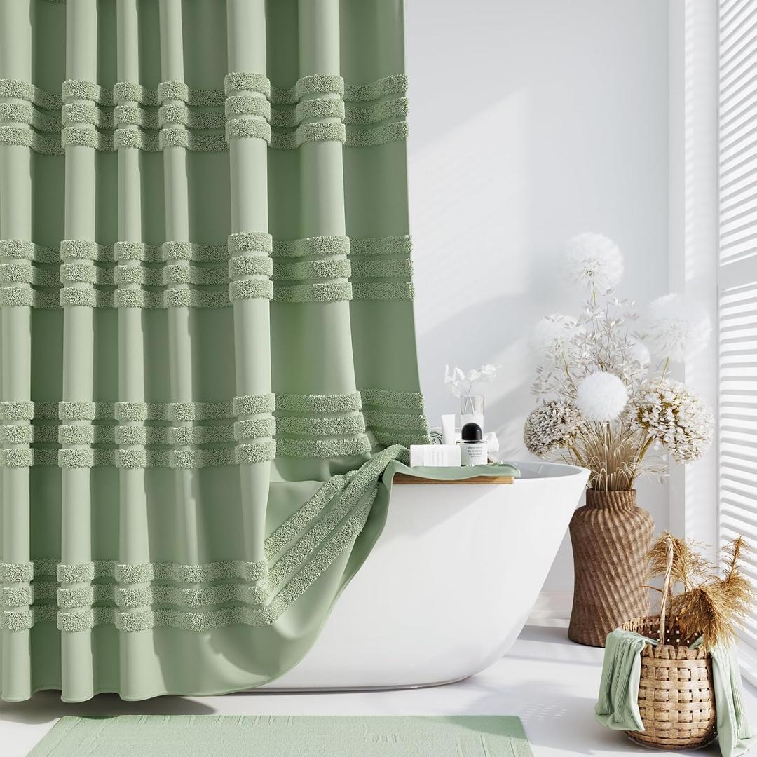 Dynamene Sage Green Fabric Shower Curtain, Tufted Chenille Striped Textured Cloth Shower Curtains for Bathroom, Boho Farmhouse Shabby Chic Waterproof Shower Curtain Set with Hook, Wrinkle Free, 72x72