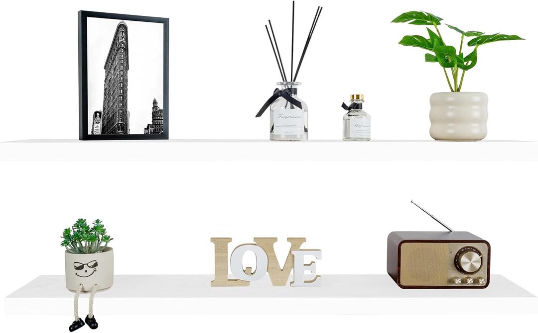 BGMG Wood Floating Shelves for Wall 42 inch Set of 2,White Floating Shelves,Solid Wood Wall Mount Shelves for Bathroom Living Room Bedroom Kitchen Farmhouse -42x 6.7 x1.25 inch