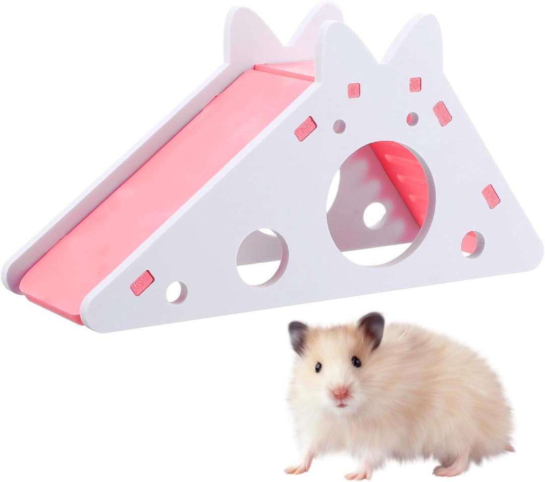 TIESOME Hamster House with Ladder and Slide, Wooden Hamster Play Toys Hideout Hut Gerbil Rat Hideaway Small Animal Activity Toy DIY Hamsters Cage Accessories for Small Pets(Pink)