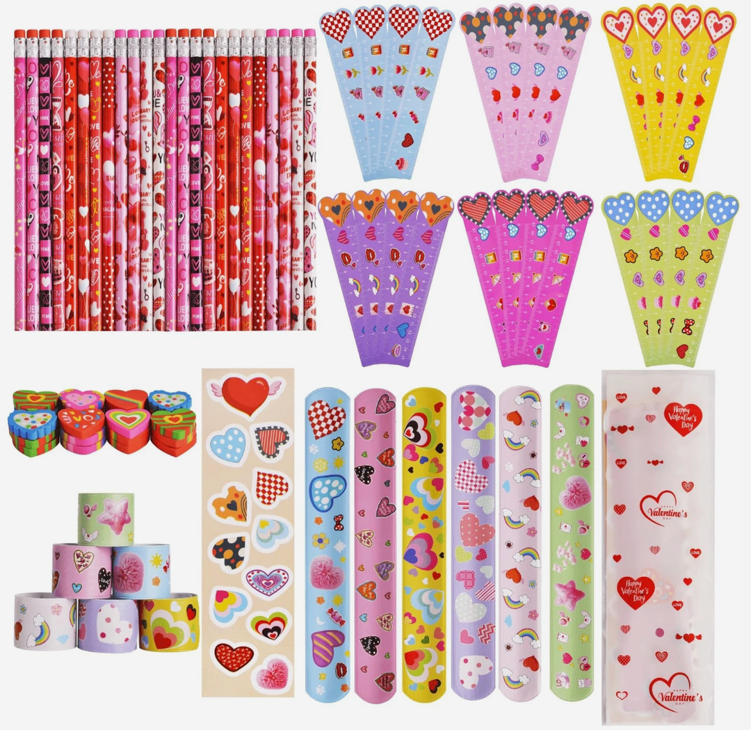 Valentines Day Party Favors 24 Pack Stationery Set Goodie Bag Class Gifts Classroom School Holiday Treat for Students Pencils Rulers Erasers Stickers slap