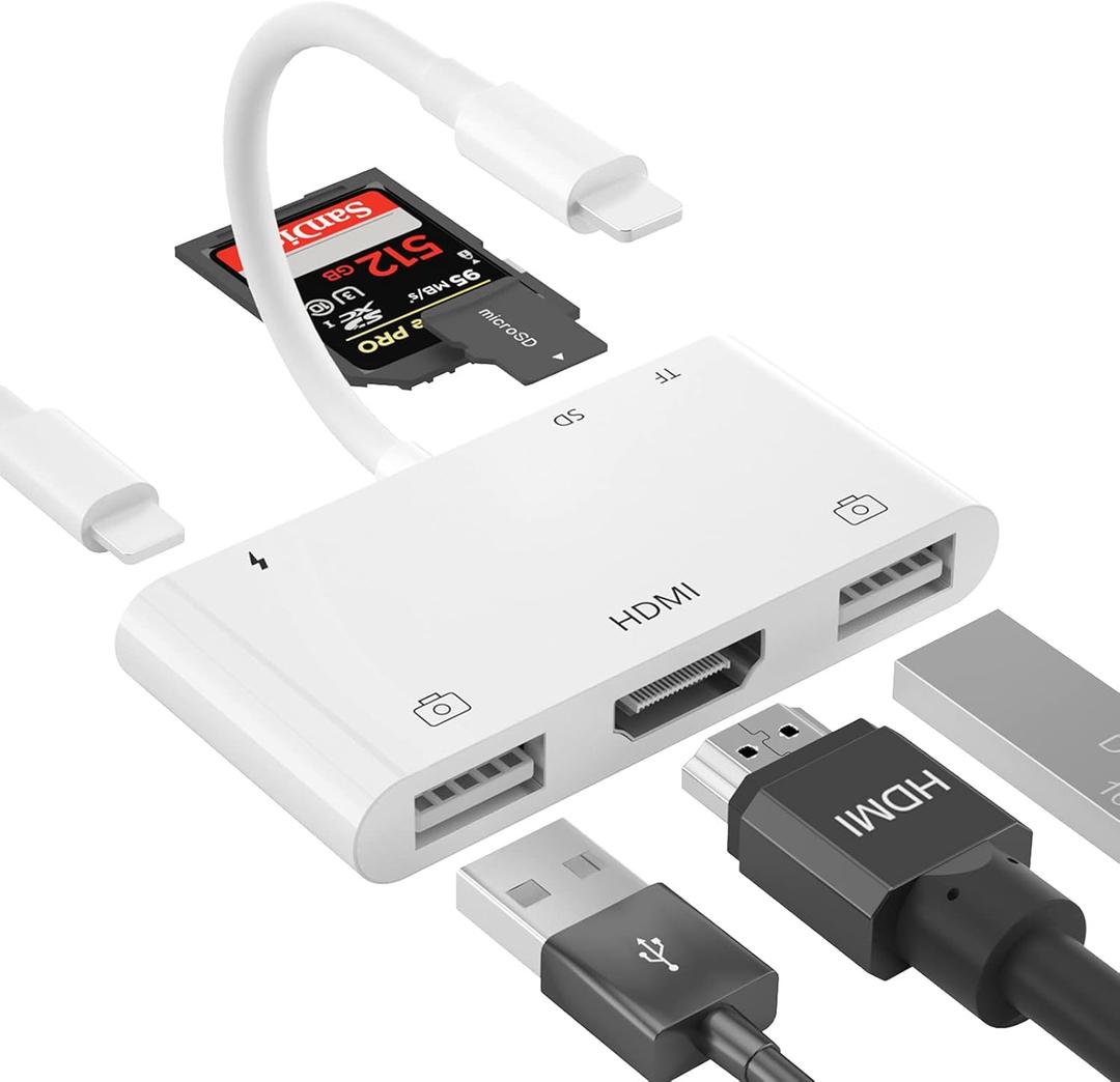 Lightning to HDMI Adapter with USB Camera and Charging Port, SD Card Reader for iPhone, 6 in 1 Camera Adapter to iPhone, Supports MIDI Keyboard, Mouse, HD TV/Projector/Monitor, Plug & Play