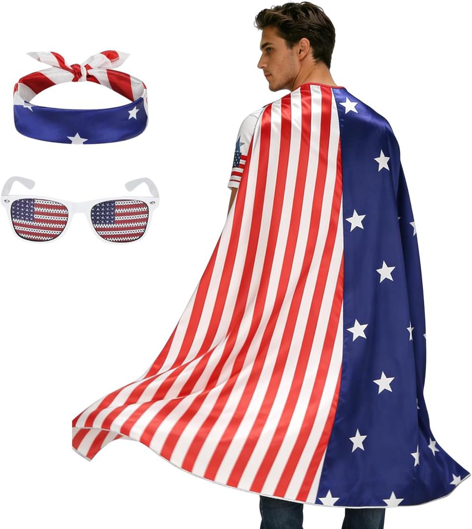 HAPNBCELE Adult 4th of July American Flag Cape Costume, Retro 80s USA Patriotic Outfit for 250th Anniversary Independence Day (New-flag, 150cm/59inchs)