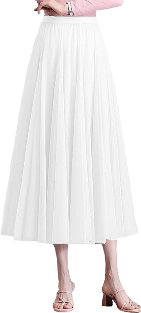2 x Women's A-Line Fairy Elastic Waist Tulle Skirt A-Line Midi Skirts (White)