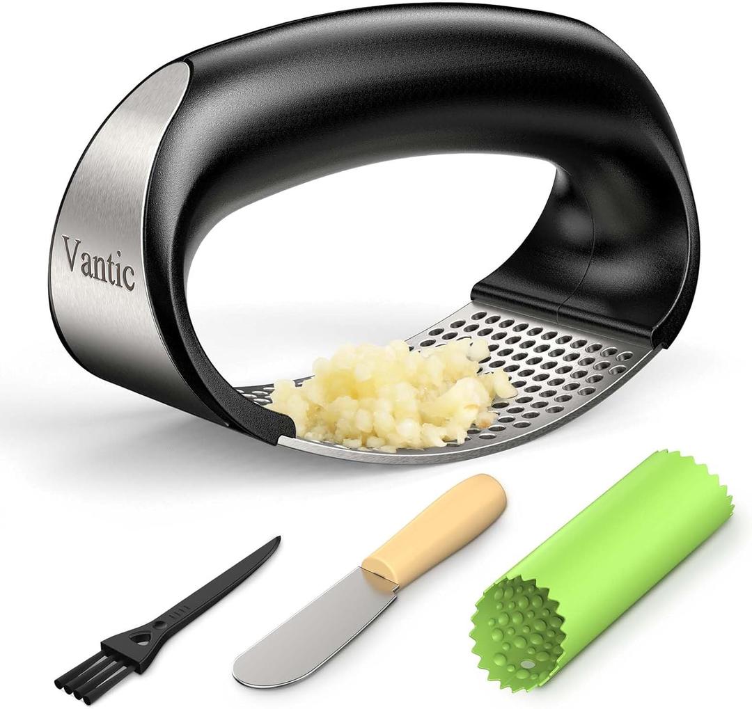 Vantic Garlic Press Rocker - Stainless Steel Garlic Crusher, Mincer and Chopper with Peeler & Scraper, Easy Kitchen Gadget for Effortless Smashing (Green)