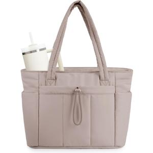 Wandering Nature Puffer Tote Bag with Cup Holder & Laptop Compartment & Trolley Sleeve for Travel, Work, Nurse, Women (Medium, 02-beige)