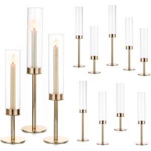 Hewory Gold Candle Holders Hurricane Candlestick Holders, 12Pcs Candle Stick Candle Holder Candelabra, Taper Candle Holders with Glass Candle Cover for Wedding Table Centerpiece Christmas Decor