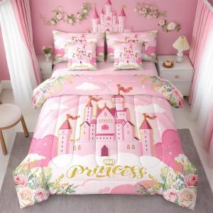 Girls Princess Comforter Set 7 Pieces Reversible,Cartoon Castle Pink Bed Set,Dreamy Fairy Tale Bedding Soft Microfiber Queen (1 Comforter,2 Pillowcase,2 Pillow Covers,1 Flat Sheet,1 Fitted Sheet)