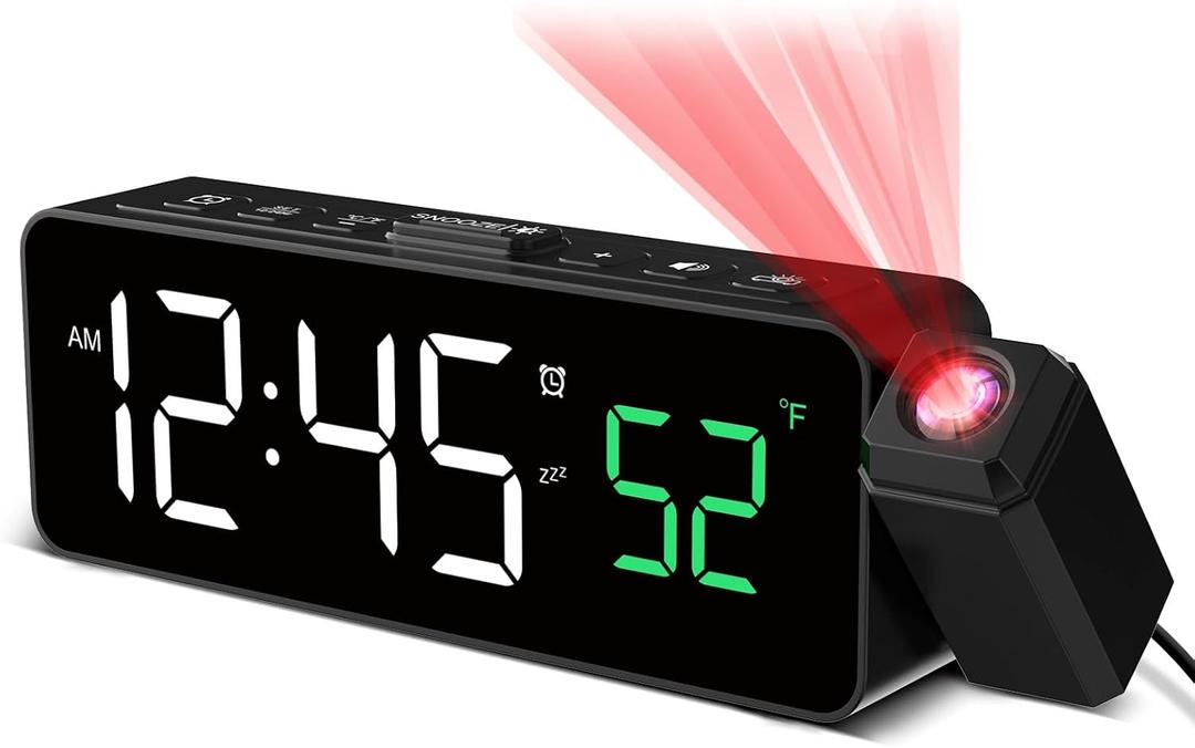 Netzu Projection Alarm Clock for Bedroom Ceiling, Small Compact Plug-in Digital Clocks with 180 Rotatable Projector, Temperature 4 Levels Brightness, 3 Volumes and Snooze (Black)