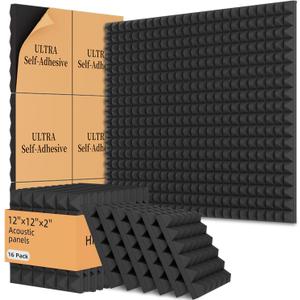 16 Pack Acoustic Foam Panels,12x12x2 inches Sound Proof Foam Panels for Walls, Fast Expand Pyramid Designed High Density Sound Panels Noise Reducing with Self-Adhesive(Black)