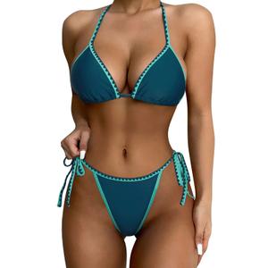 SUUKSESS Women Cheeky Halter String Bikini Sets Sexy Triangle Two Piece Swimsuit High Cut Bathing Suit (Blue Green, M)