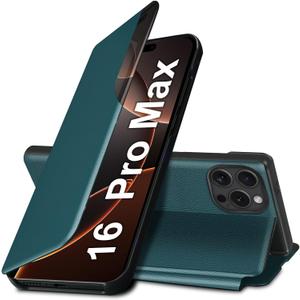 for iPhone 16 Pro Max Case, Case for iPhone 16 Pro Max Flip Case, Clear View Slim Fit Leather Cover for iPhone 16 Pro Max Phone Case with Kickstand Rugged Heavy Duty Shockproof Bumper Shell (Green)