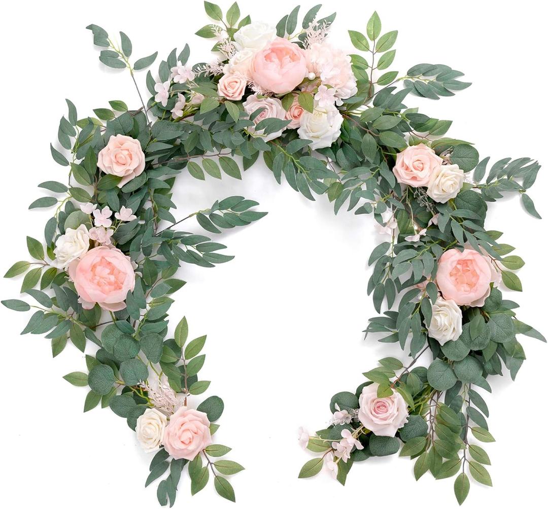 Ling's moment Arch Flower Garland - 6FT Eucalyptus & Rose - Sweetheart Table Decor for Wedding Reception, Artificial Floral Garland for Mantle, Thanksgiving, Christmas Decoration, Blush Pink & Cream