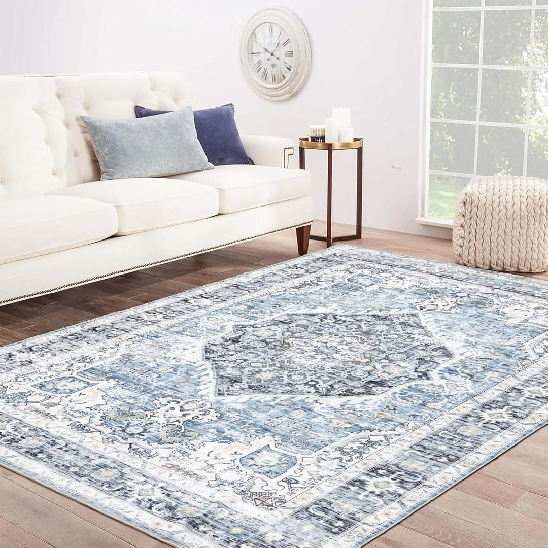 Area Rug 8x10, Large Vintage Boho Rug, Ultra-Soft Low Pile, Washable, Non Slip, Stain Resistant, Printed Carpet for Living Room Bedrooms Playroom Office Kitchen, Light Blue